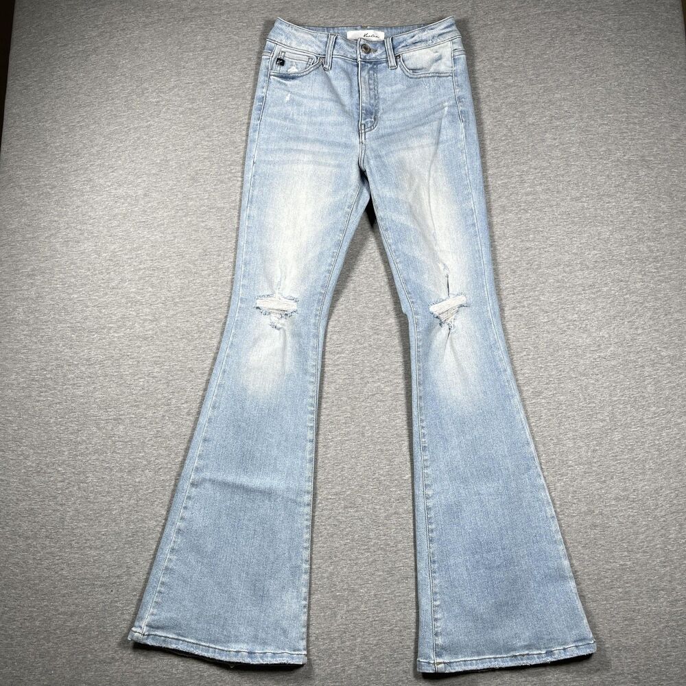 KanCan Jeans Womens 3/25 Blue Flared Slim Light Wash Distressed Mid Rise 32
